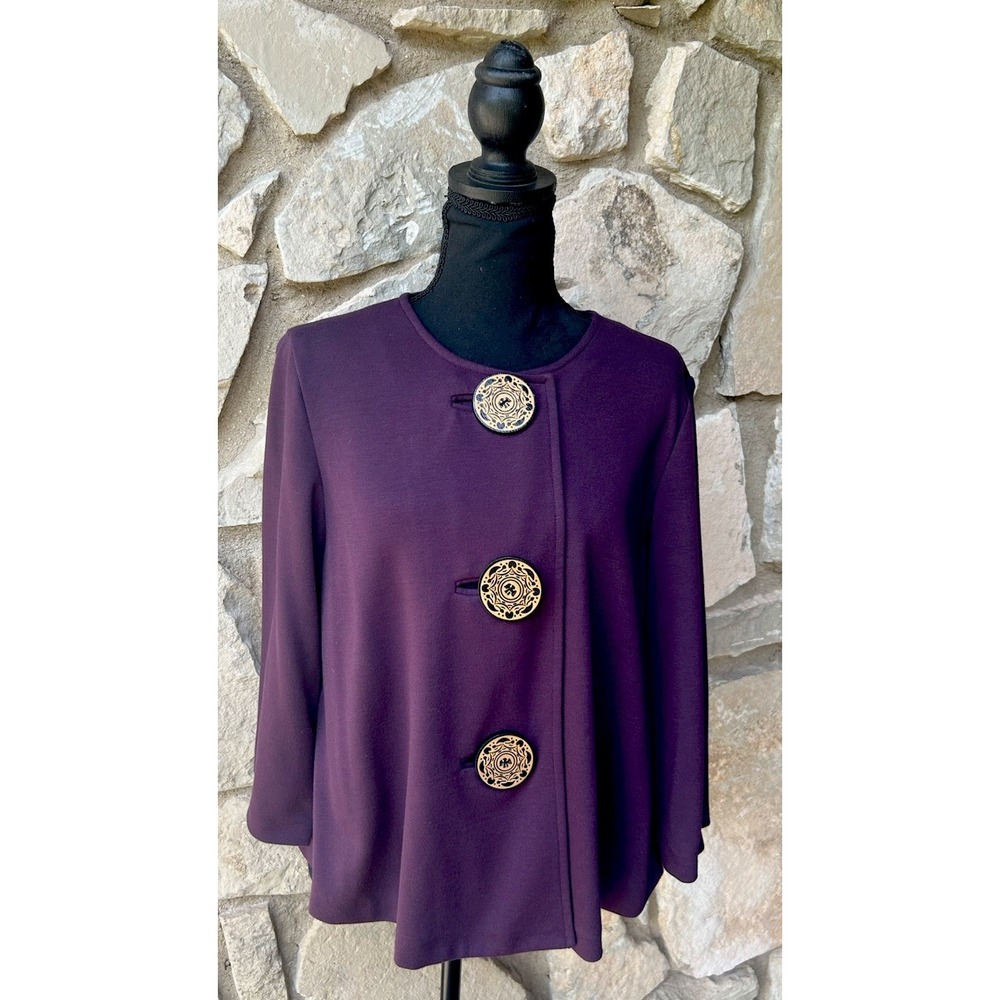 Coldwater Creek Swing Jacket Small Purple Knit Wood Look Decorative Buttons EC